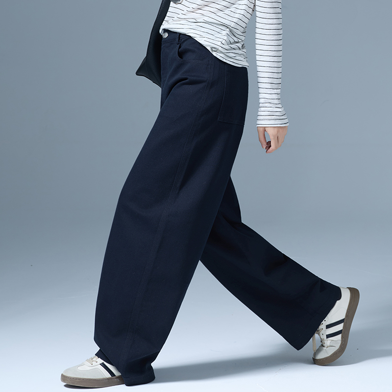 藏青色高腰阔腿牛仔裤女春秋