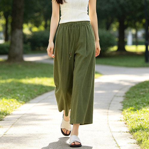天丝亚麻阔腿裤女夏薄款八分裤