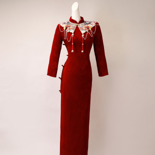 酒红色旗袍敬酒服新娘高级感改良新中式 订婚礼服女小个子 婚服长袖