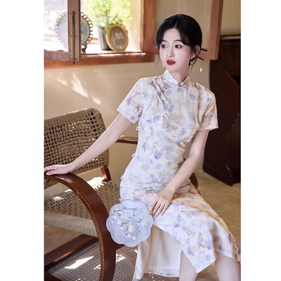 紫色旗袍女夏季年轻款绝美新中式少女改良版日常可穿连衣裙小个子