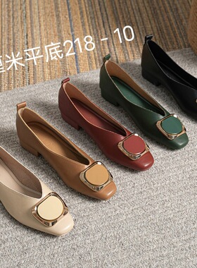 2023春季新款四季鞋小方头粗跟奶奶鞋平底浅口低跟单鞋女大码女鞋