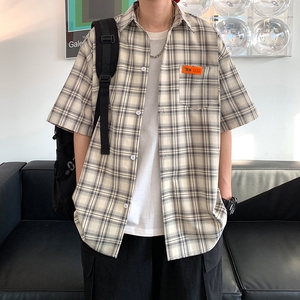 纯棉短袖衬衫男夏季衬衣男生上衣服潮牌潮流夏天休闲工装外套寸衫