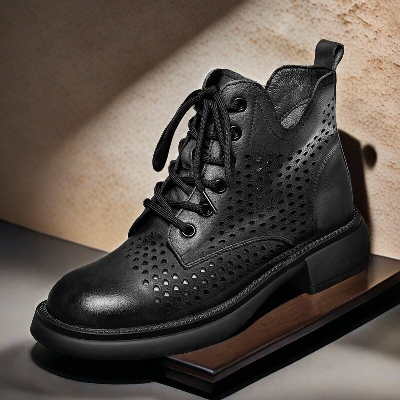 痞帅春夏新款镂空马丁靴男透气洞洞短靴头层牛皮软底黑色真皮凉靴