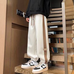 男潮流美式 青少年运动裤 宽松休闲裤 潮牌直筒夏季 薄款 拼色束脚卫裤