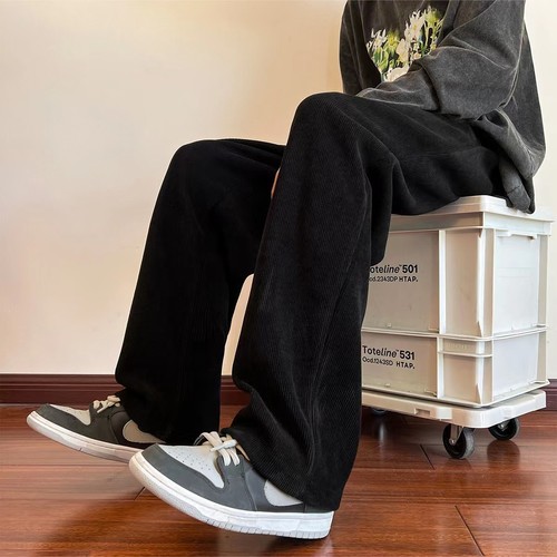 灯芯绒卫裤男秋季宽松直筒阔腿裤男生潮牌加绒冬天垂感休闲长裤子