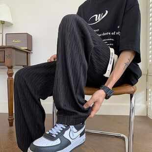 裤子夏季男款休闲宽松型高级感冰丝垂感直筒长裤男薄款速干拖地裤