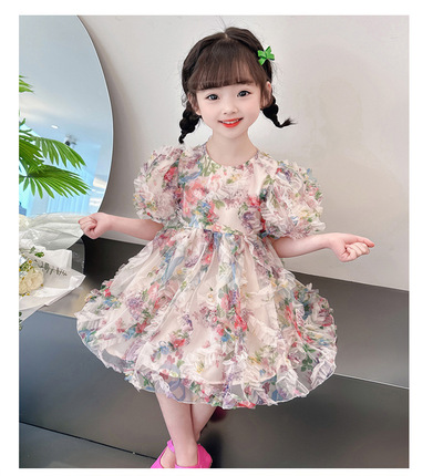 女童连衣裙夏季2024韩版洋气女孩宝宝泡泡袖立体彩色公主裙童装
