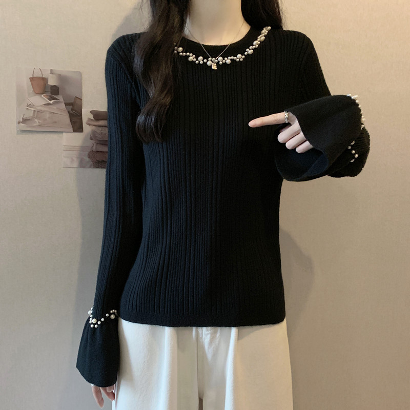 港味风格钉珠针织上衣女春秋新款