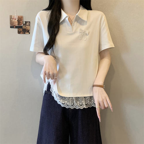 蕾丝蝴蝶结polo领短袖T恤女夏