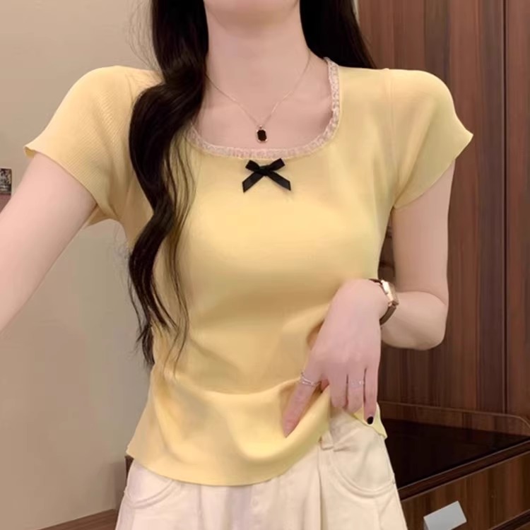 港味风格蕾丝方领短袖T恤女小衫