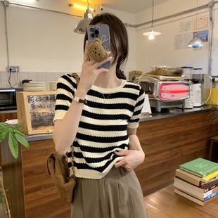 圆领正肩显瘦冰丝针织衫 港味风格 新款 绝美条纹短袖 上衣 t恤女夏季