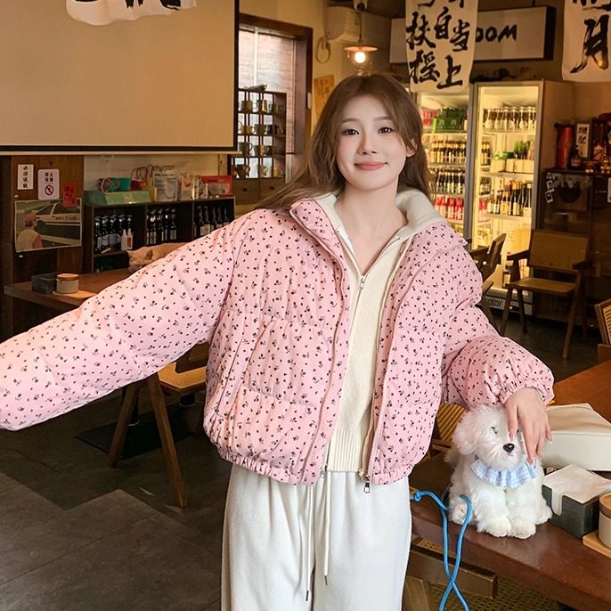 港味风格碎花短款羽绒服棉衣女冬季新款棉袄小个子时尚棉服外套潮