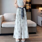 扎染印花阔腿裤 港味风格 潮 薄款 新中式 送丝巾腰带垂感休闲裤 女夏季