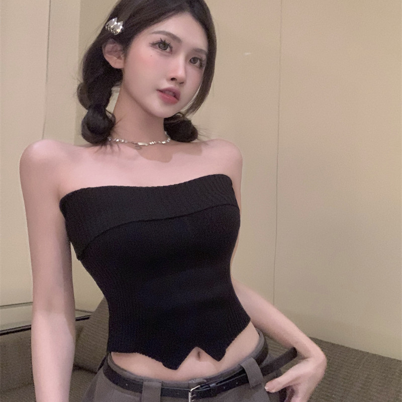 港味风格性感一字露肩吊带平口翻边高腰短款下摆开叉针织抹胸背心