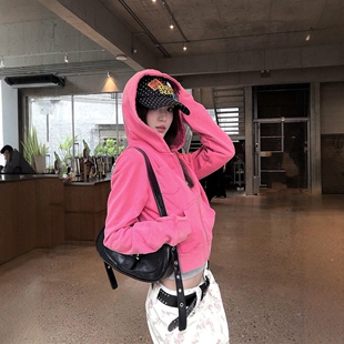 港味风格拉链连帽卫衣外套女开衫春秋季短款小外套百搭休闲上衣潮