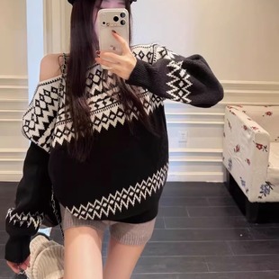 港味风格费尔岛撞色提花毛衣女秋冬新款长袖软糯厚实针织衫上衣潮