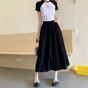 港味风格A字半身裙女夏季薄款高腰显瘦裙子中长款松紧腰伞裙长裙