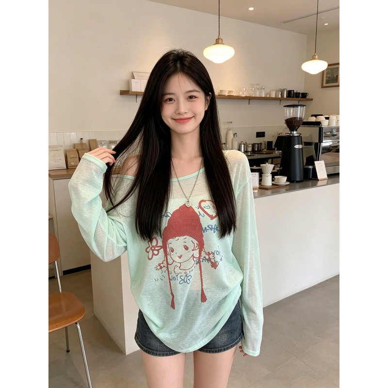 港味风格两件套抹胸+印花长袖防晒衣女夏季露肩防晒衫上衣+抹胸垫