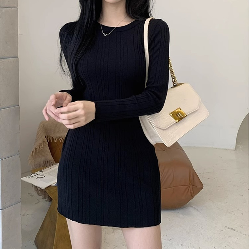 韩版针织纯色外穿内搭包臀连衣裙
