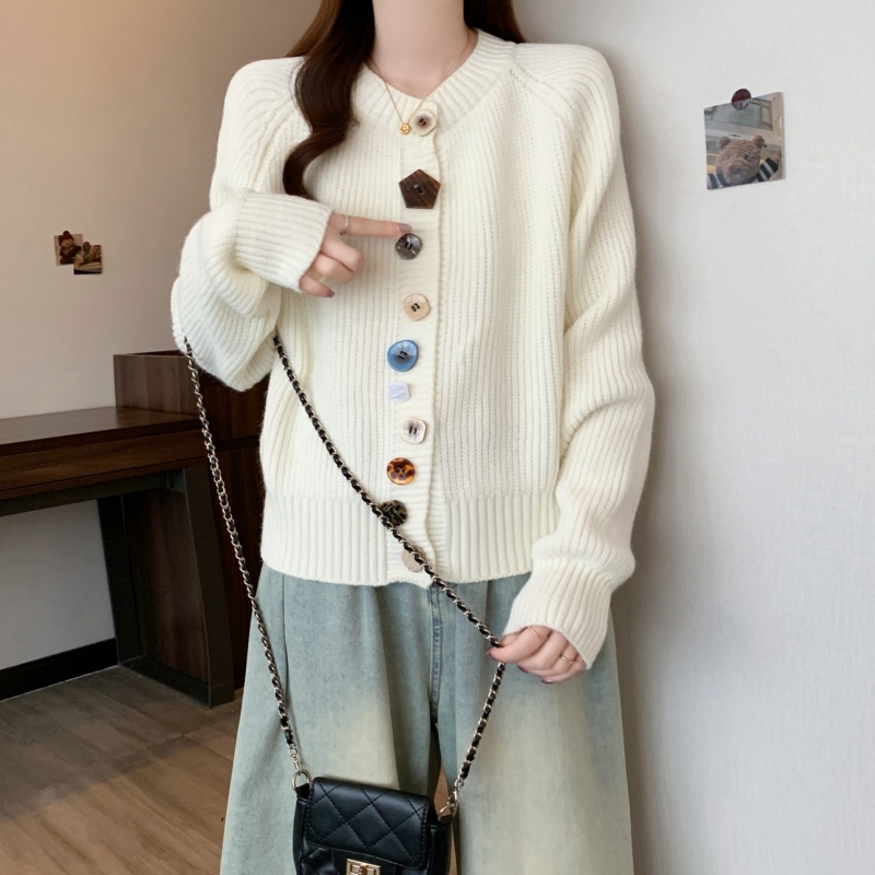 港味风格彩色纽扣针织毛衣外套女秋冬新款加绒加厚休闲百搭上衣潮