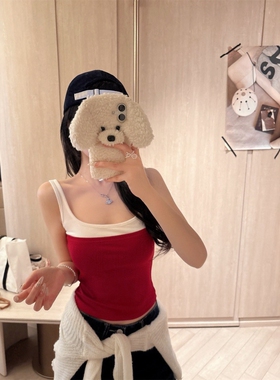 港味风格带胸垫撞色吊带背心女夏季新款显瘦假两件辣妹小衫上衣潮