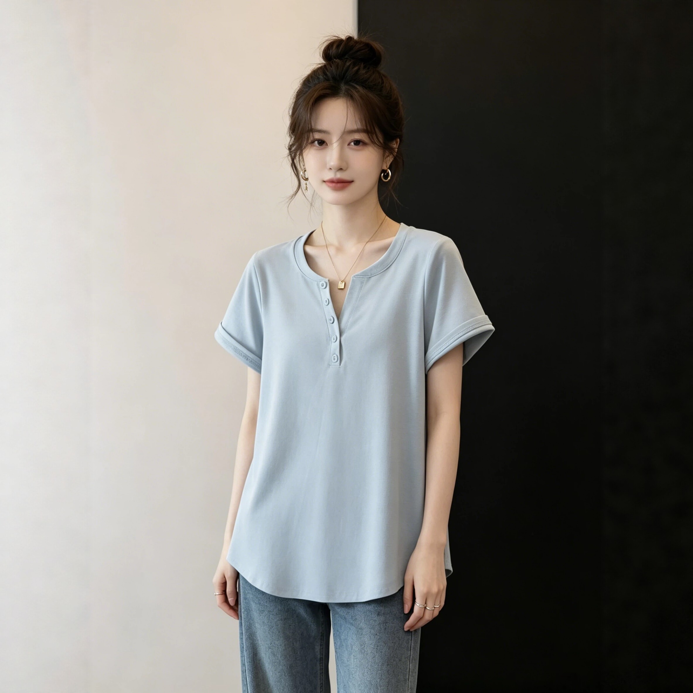 港味风格纽扣纯色短袖T恤女夏季新款大码显瘦T恤衫百搭胖mm上衣潮