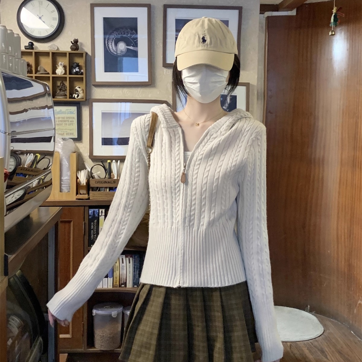 港味风格连帽麻花毛衣针织外套