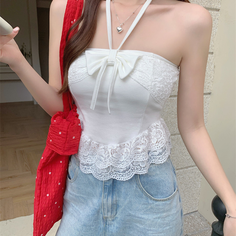 港味风格蝴蝶结吊带挂脖背心女夏季蕾丝拼接抹胸小吊带胸垫上衣潮