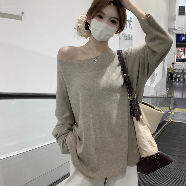 港味风格宽松露肩针织毛衣女