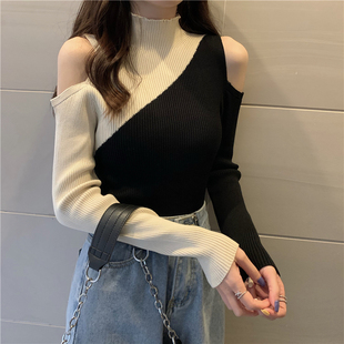 港味风格露肩长袖针织衫女春秋新款设计感小众毛衣显瘦打底衫上衣