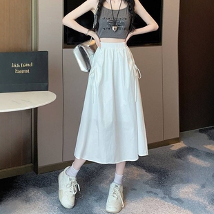 港味风格松紧腰显瘦A字半身裙女夏季抽绳中长款百搭伞裙休闲裙子