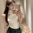 打底衫 港味风格 无袖 修身 内搭独特别致吊带上衣 针织挂脖背心女夏季