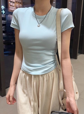 港味风格短款休闲短袖T恤女夏季新款修身正肩体恤纯欲百搭上衣潮