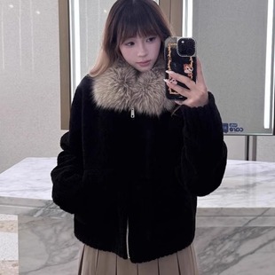 港味风格仿羊羔毛皮毛一体狐狸毛领大衣外套女秋冬季加厚毛衣上衣