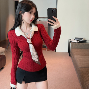 女秋冬新款 针织衫 百搭毛衣显瘦上衣 送丝巾麻花假两件长袖 港味风格