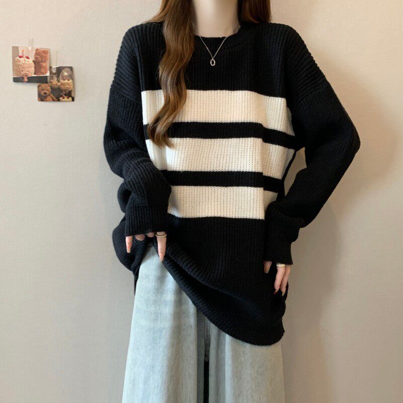 港味风格撞色条纹中长款毛衣女春秋冬新款宽松软糯长袖上衣针织衫