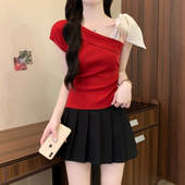 露肩上衣百搭纯欲小衫 港味风格 新款 T恤女夏季 蝴蝶结系带斜肩短袖