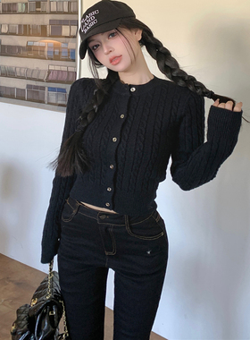 港味风格麻花针织开衫女春秋新款短款修身显瘦毛衣外套长袖上衣