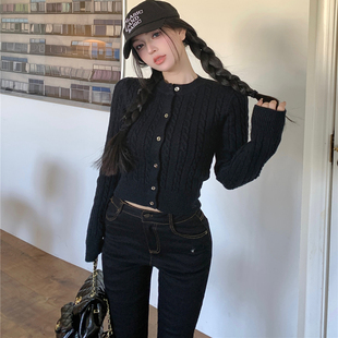 港味风格麻花针织开衫女春秋新款短款修身显瘦毛衣外套长袖上衣