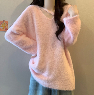 港味风格V领水貂绒毛衣女春秋冬新款慵懒风宽松软糯针织衫上衣