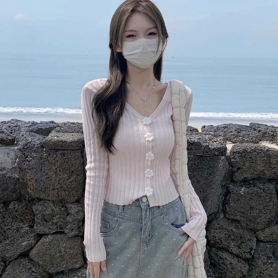 法式V领长袖针织衫女春秋新款