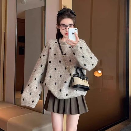 港味风格波点套头毛衣女秋冬新款加厚宽松休闲慵懒风内搭针织衫潮