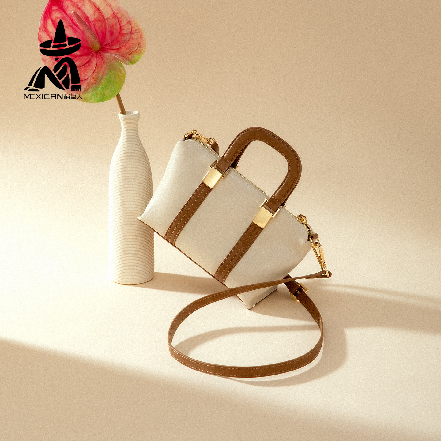 Mexican/稻草人牛皮包女款2025新款斜挎包简约百搭大气真皮枕头包