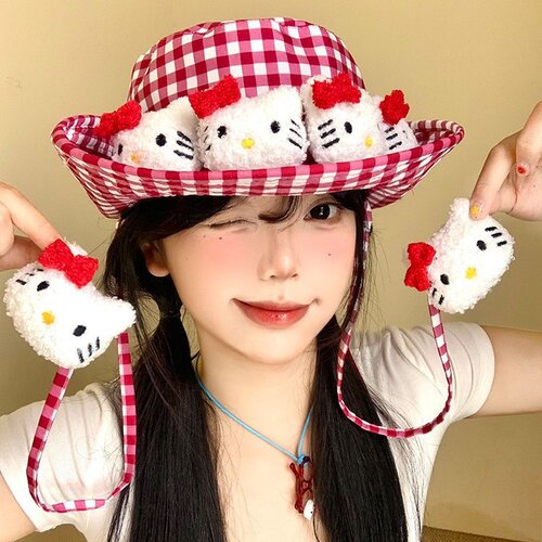 日系可爱kitty猫防晒渔夫帽女卡通y2k亚文化遮阳帽户外透气太阳帽