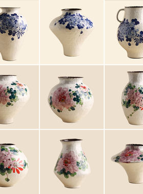仿古彩绘牡丹花国画陶罐花瓶水培