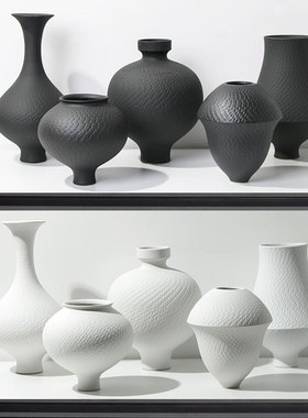 宋代美学黑白色禅意仿古陶罐花瓶新中式浮雕小口花器客厅茶室摆件