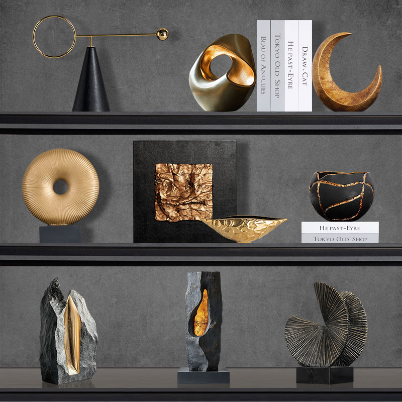 轻奢高档电视柜黑金太阳月亮摆件客厅酒柜开放格壁龛高级感装饰品