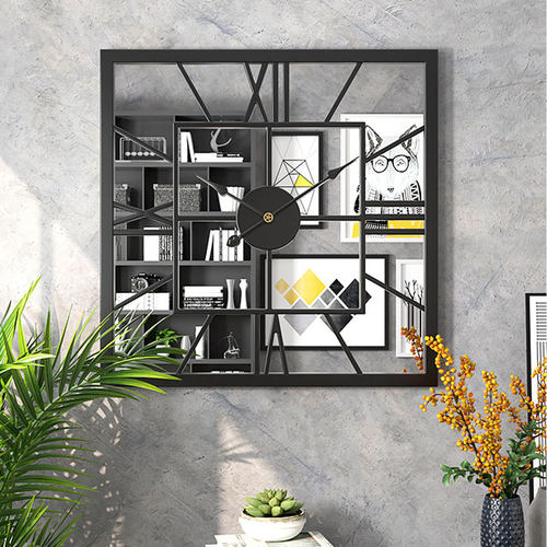 美式复古创意镜面挂钟客厅大号正方形极简艺术时钟镜子金属挂表