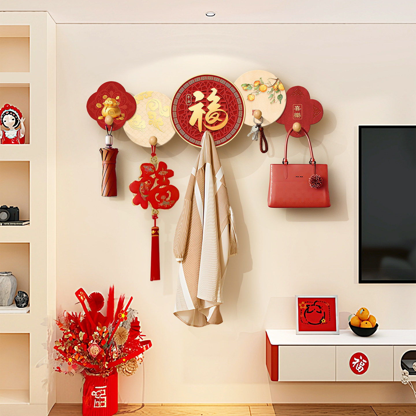 新中式入户玄关福字挂钩九鱼图装饰画乔迁之喜新房旺宅布置挂衣钩,家居饰品,装饰挂钩,淘宝优惠券,粉丝福利购,淘宝优惠卷