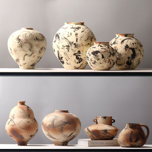 宋式美学手绘水墨风陶罐花瓶摆件新中式轻奢高级感侘寂风客厅插花